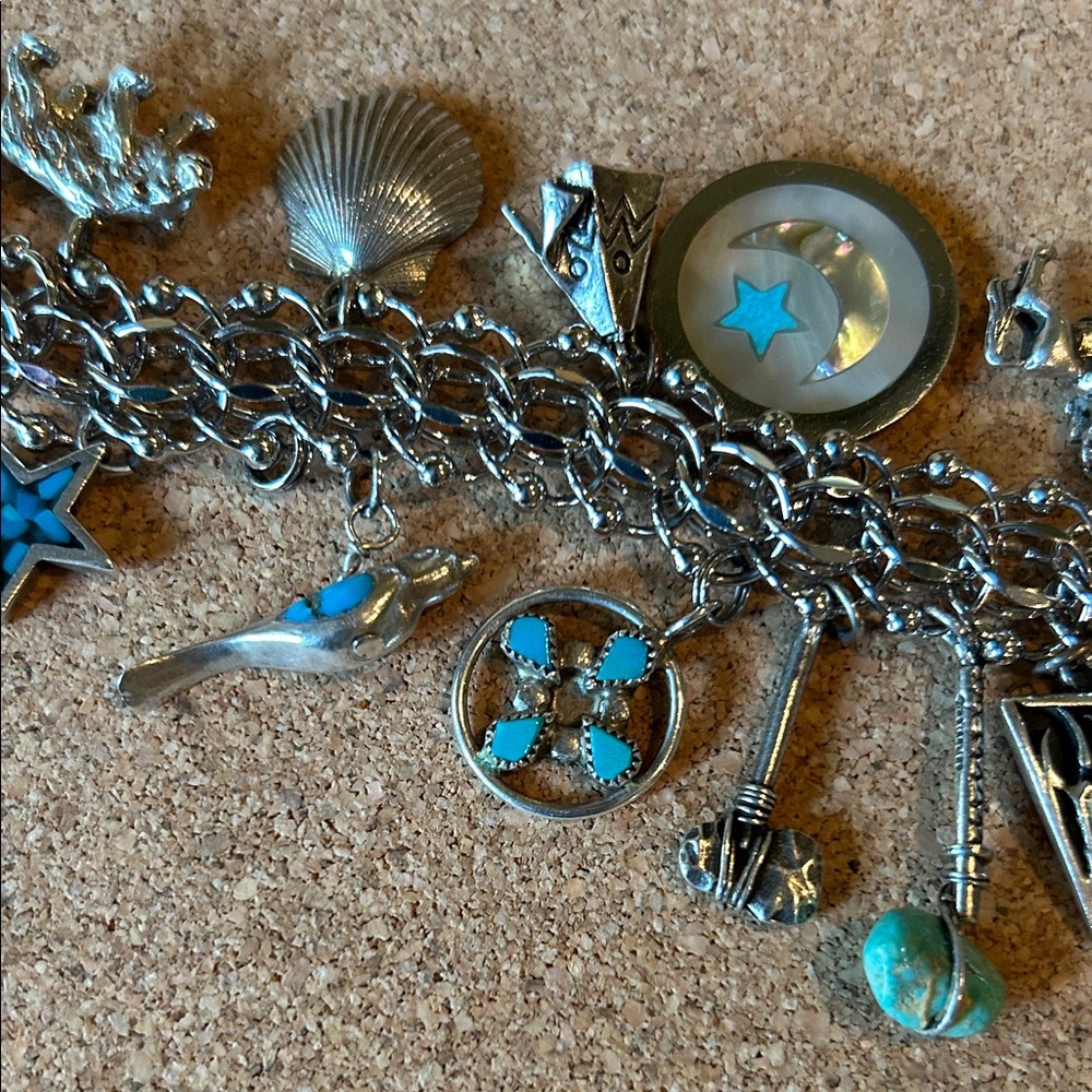 NAVAJO STERLING SILVER
CHARM BRACELET 7.5" TURQUOISE WITH 20ster/turq/etc charms - Picture 3 of 7